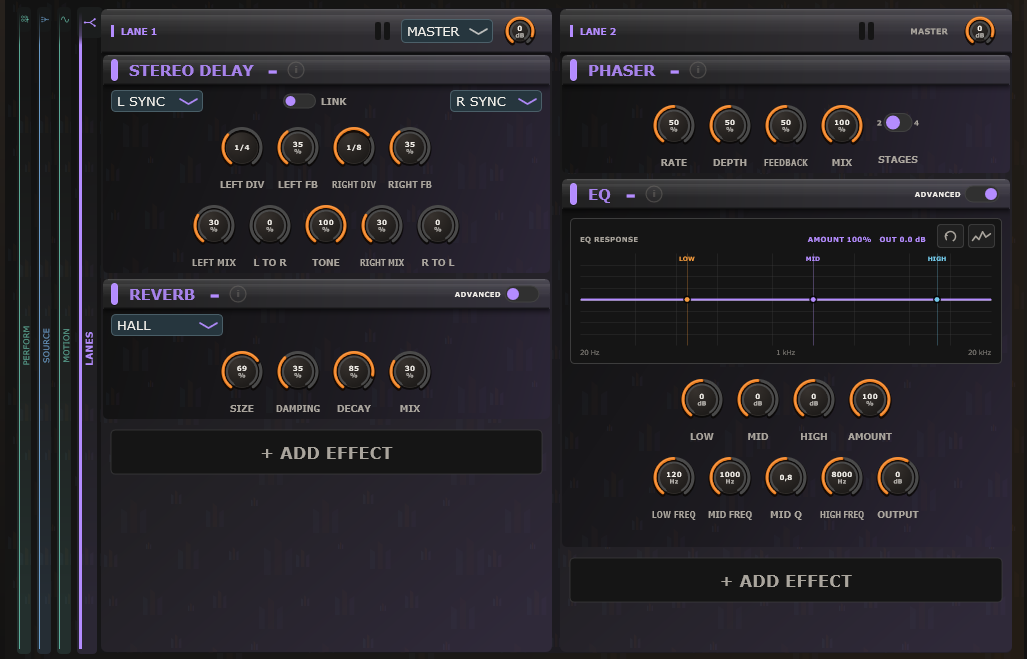 Actual MaxVRS Lanes workspace showing Stereo Delay, Reverb, Phaser, and EQ effect cards across two lanes