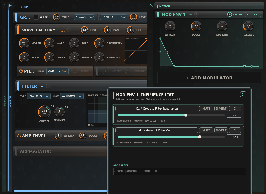 Actual MaxVRS Motion workspace showing a modulation envelope, source stack, and open influence list