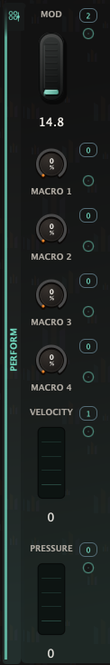 Actual MaxVRS Perform rail showing four macros and the modulation wheel beside Source, Motion, and Lanes